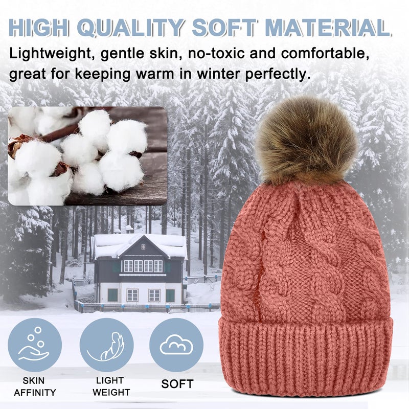 Whiteleopard Kid Beanie Hats Lining Pom Pom for Children -Slouchy Cable Knit Toddler Skull Hat Baby Ski Cap for Girls Boys (Pink) - Image 2